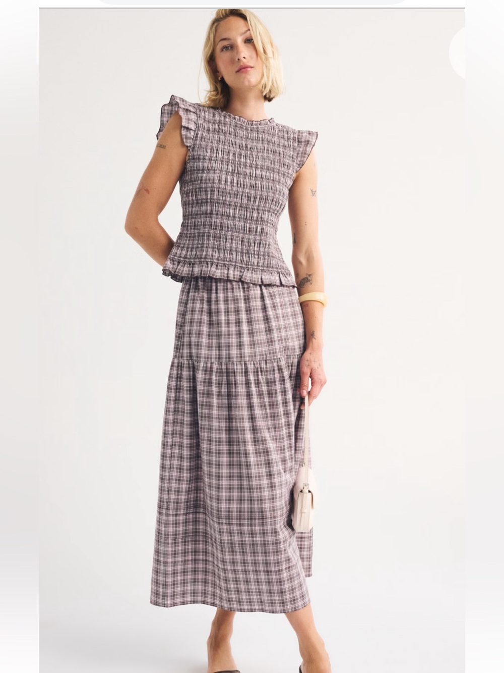 Abercrombie & Fitch Brown Plaid Tiered Midi Skirt
